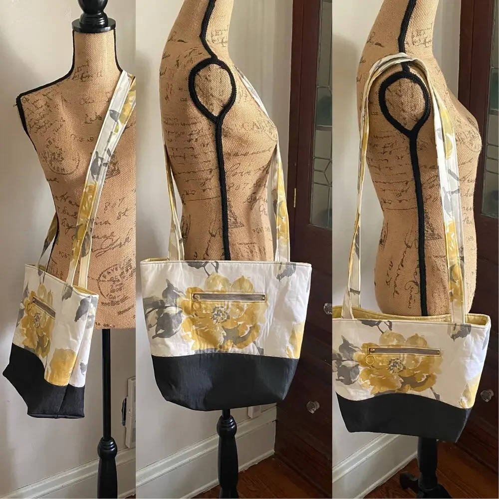 Handcrafted Fabric Purse Cream Artisan Carryall Tote Floral Denim Shoulder Bag